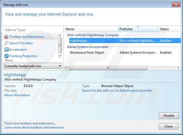 Removing highliteapp from Internet Explorer step 2