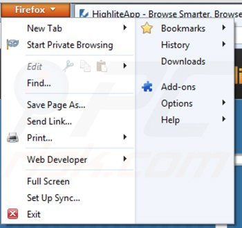Removing highliteapp from Mozilla Firefox step 1