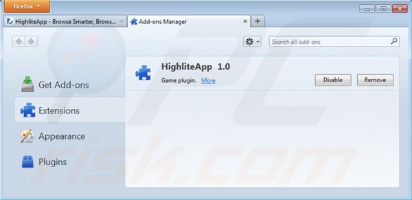 Removing highliteapp from Mozilla Firefox step 2