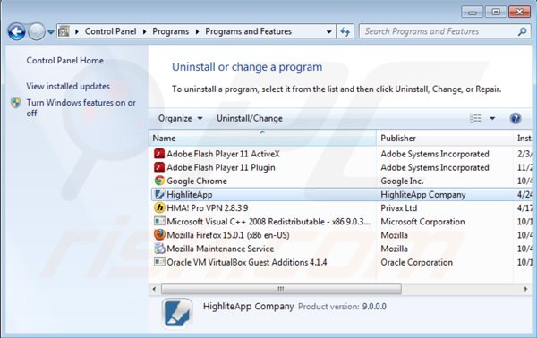 highliteapp uninstall via Control Panel