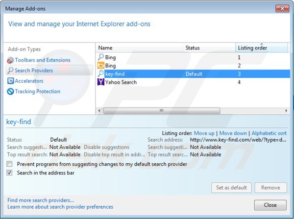 Removing key-find.com from Internet Explorer default search engine settings