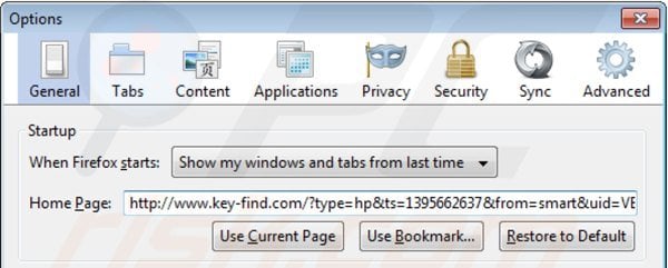 Removing key-find.com from Mozilla Firefox homepage