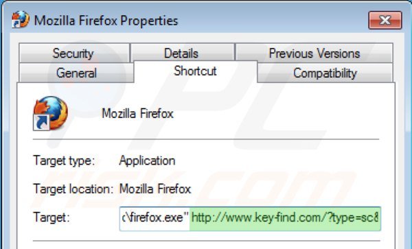 Removing key-find.com from Mozilla Firefox shortcut target step 2