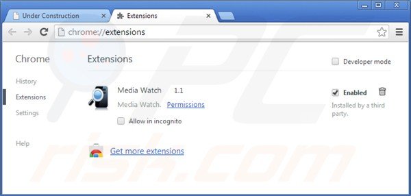 Removing ads by media watch from Google Chrome step 2