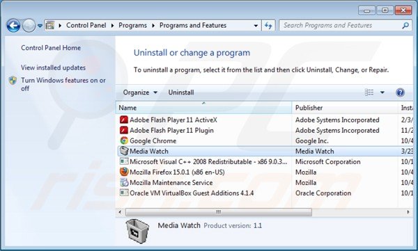 ads by media watch uninstall via Control Panel
