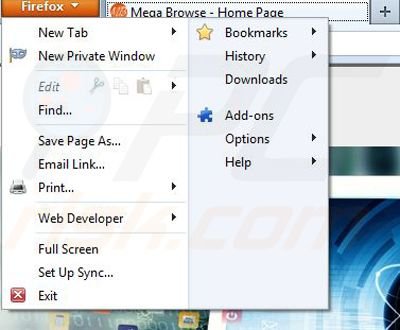 Removing Mega Browse from Mozilla Firefox step 1