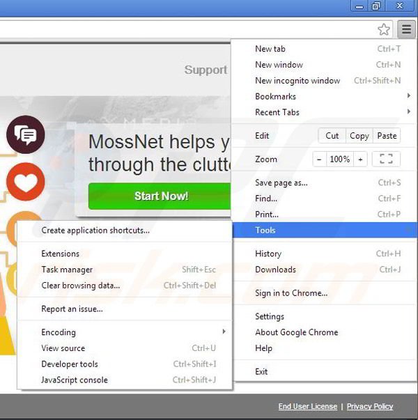 Removing MossNet from Google Chrome step 1