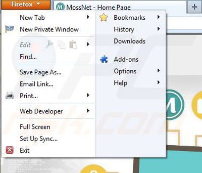Removing MossNet from Mozilla Firefox step 1