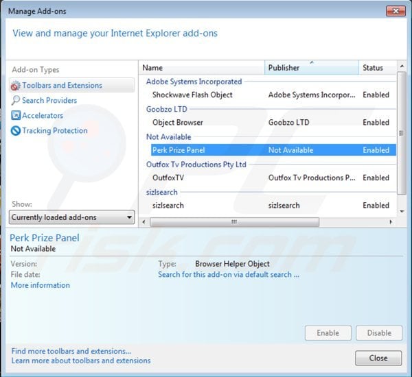 Removing perk prize panel from Internet Explorer step 2