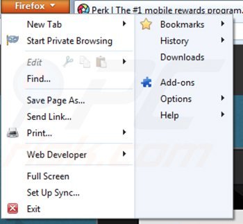 Removing perk prize panel from Mozilla Firefox step 1
