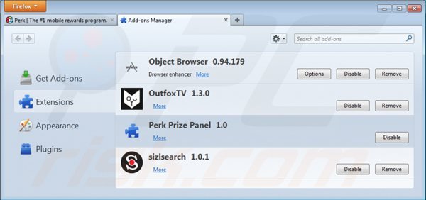 Removing perk prize panel from Mozilla Firefox step 2