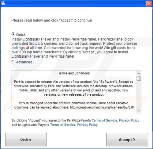 perk prize panel adware installer