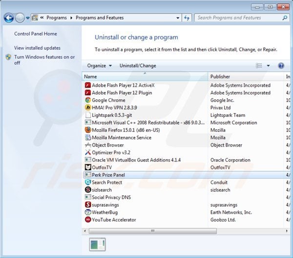 perk prize panel uninstall via Control Panel