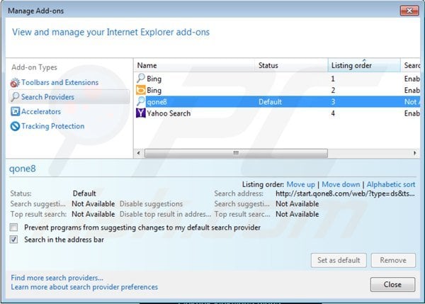Removing start.qone8.com from Internet Explorer default search engine