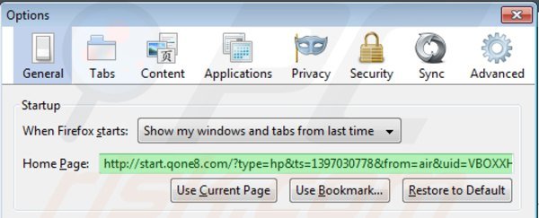 Removing start.qone8.com from Mozilla Firefox homepage