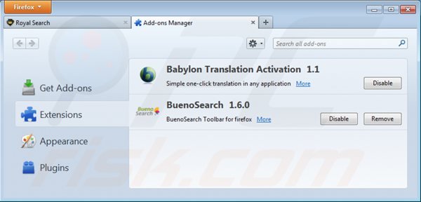 Removing royal search toolbar from Mozilla Firefox extensions