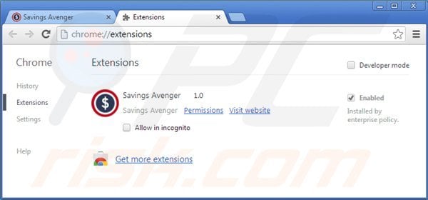 Removing savings avenger ads from Google Chrome step 2