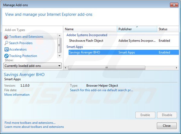 Removing savings avenger ads from Internet Explorer step 2