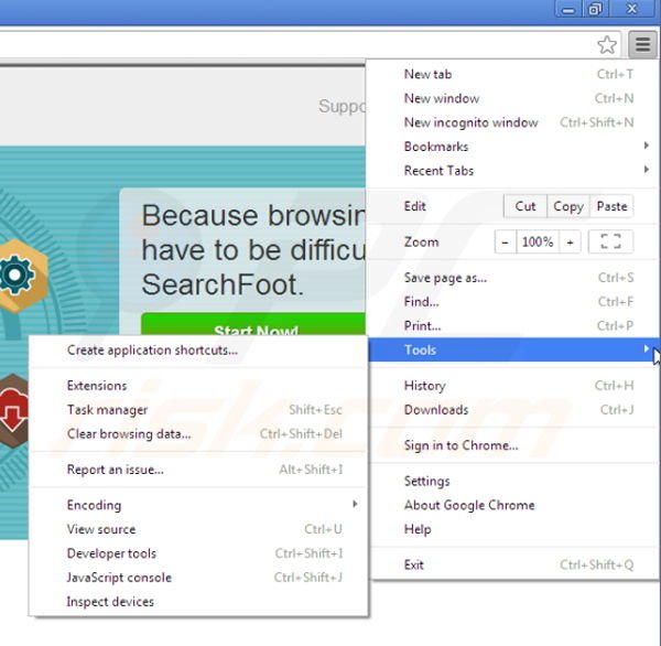 Removing SearchFoot from Google Chrome step 1