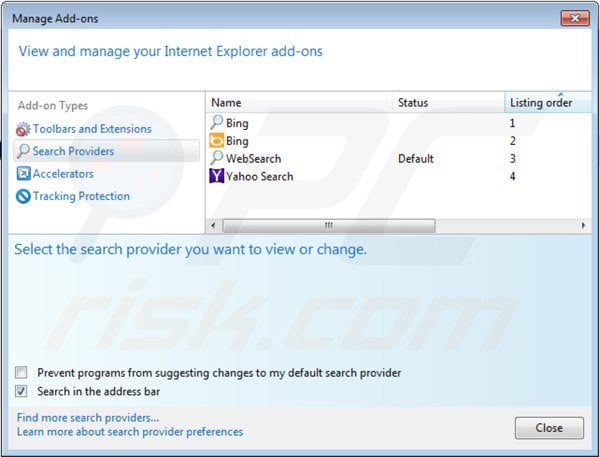 Removing websearch.searchissimple.info from Internet Explorer default search engine settings