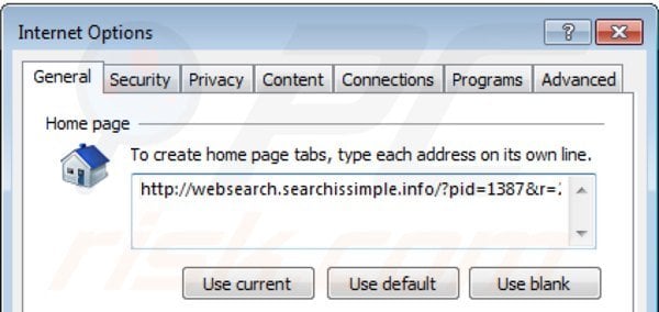 Removing websearch.searchissimple.info from Internet Explorer homepage