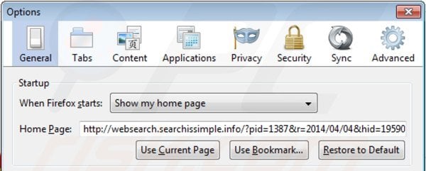 Removing websearch.searchissimple.info from Mozilla Firefox homepage