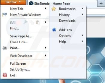 Removing SiteSimple from Mozilla Firefox step 1
