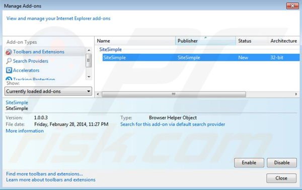 Removing SiteSimple from Internet Explorer step 2