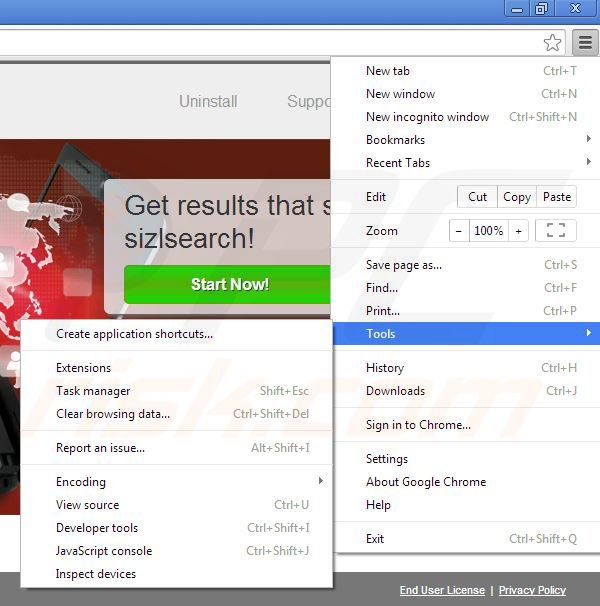 Removing sizlsearch from Google Chrome step 1