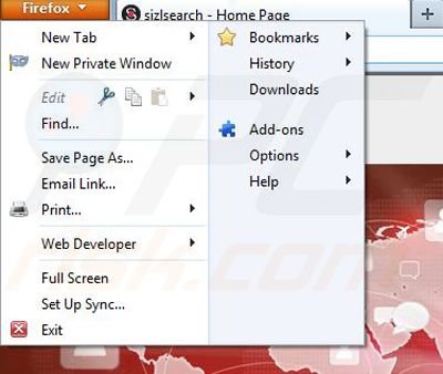 Removing sizlsearch from Mozilla Firefox step 1