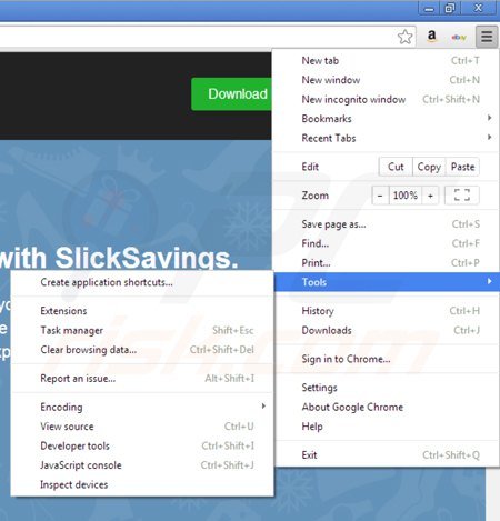Removing slick savings from Google Chrome step 1