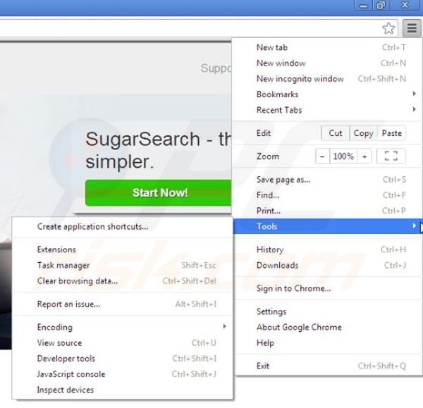 Removing SugarSearch from Google Chrome step 1