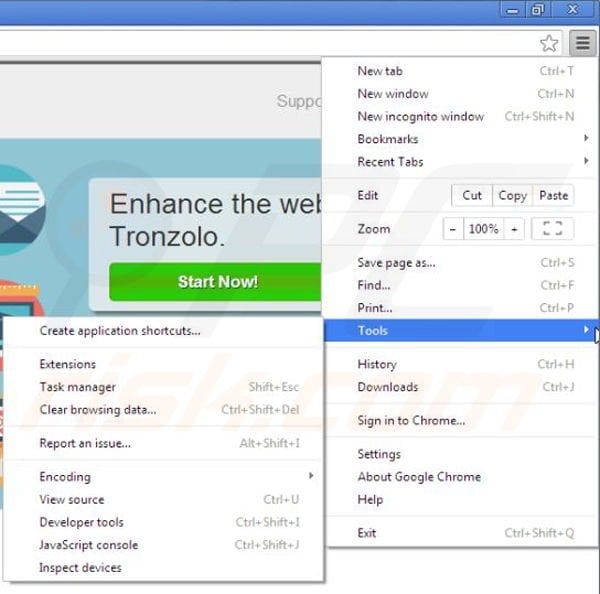 Removing Tronzolo from Google Chrome step 1
