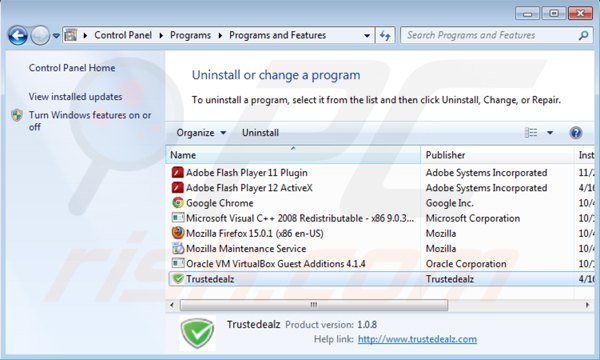 trustedealz uninstall via Control Panel