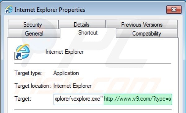 Removing v9.com from Internet Explorer shortcut target step 2