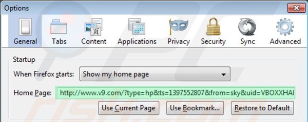 Removing v9.com from Mozilla Firefox homepage