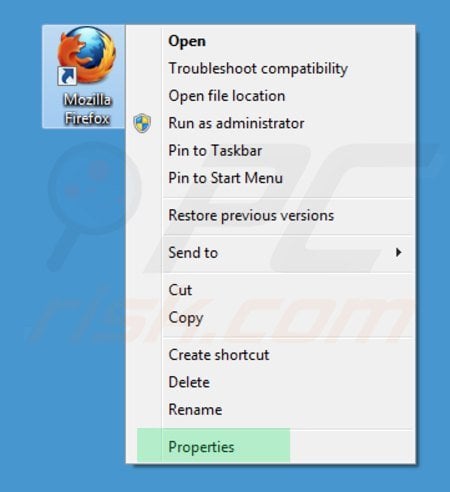 Removing v9.com from Mozilla Firefox shortcut target step 1