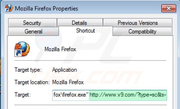 Removing v9.com from Mozilla Firefox shortcut target step 2