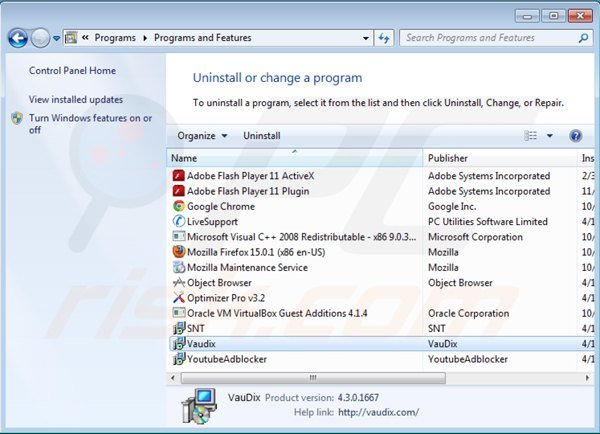 vaudix adware uninstall via Control Panel