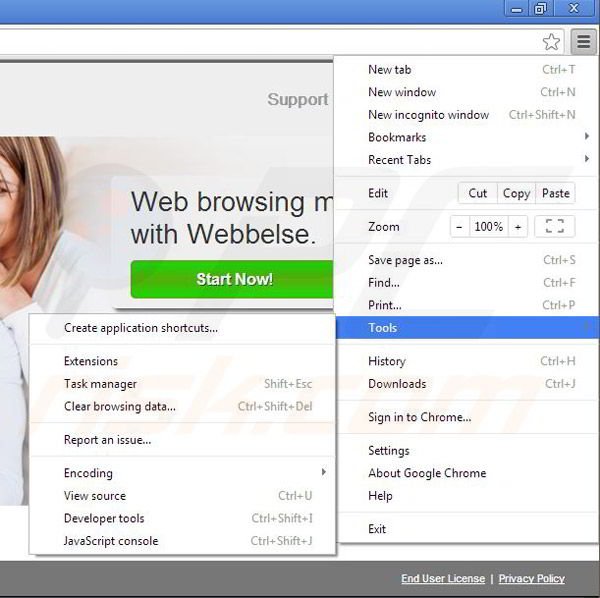 Removing Webbelse from Google Chrome step 1