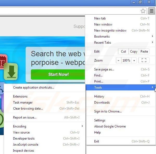 Removing webporpoise from Google Chrome step 1