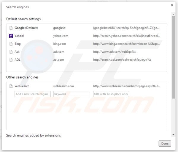 Removing websearch.com from Google Chrome default search engine