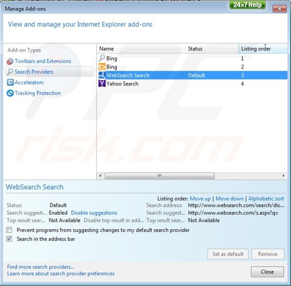 Removing websearch.com from Internet Explorer default search engine