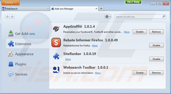Removing websearch toolbar from Mozilla Firefox extensions