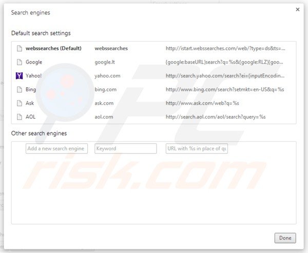 Removing istart.webssearches.com from Google Chrome default search engine settings