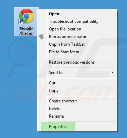 Removing istart.webssearches.com from Google Chrome shortcut target step 1