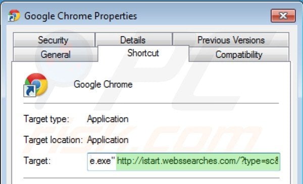 Removing istart.webssearches.com from Google Chrome shortcut target step 2