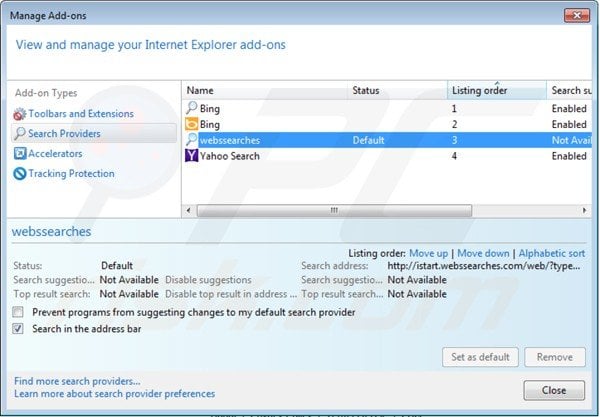 Removing istart.webssearches.com from Internet Explorer default search engine settings