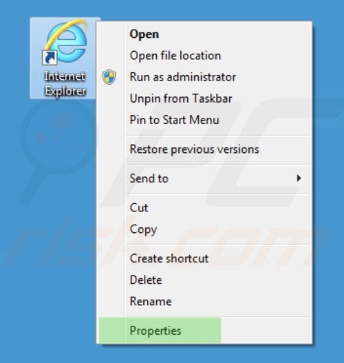Removing istart.webssearches.com from Internet Explorer shortcut target step 1