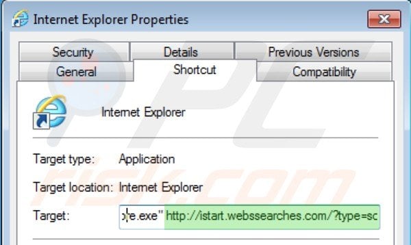 Removing istart.webssearches.com from Internet Explorer shortcut target step 2